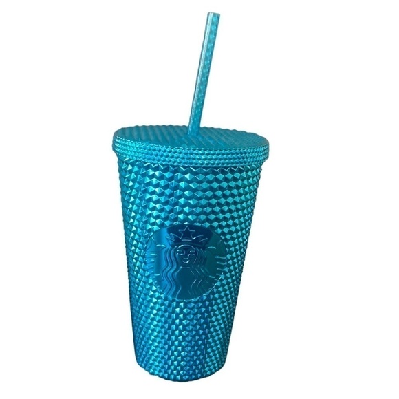 Starbucks Blue Chrome Teal Studded 16 Ounce Travel‎ Straw Cup NWT - Picture 1 of 6